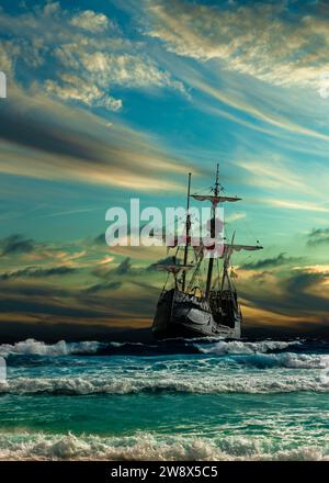 Herrlicher Blick auf ein altes Segelschiff aus der Zeit der Piraten auf hoher See mit großen Wellen Stockfoto