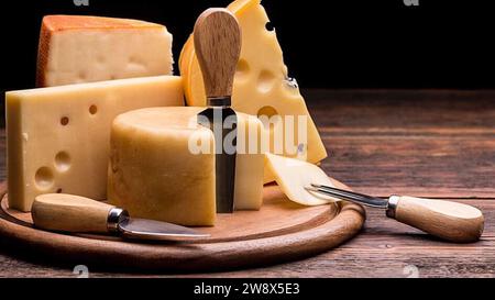 Italienische Käseplatte - geschickt angeordnete Käseblöcke - italienischer Gourmet-Käse auf der Tischplatte, verschiedene Käsesorten wunderbar gepaart Stockfoto