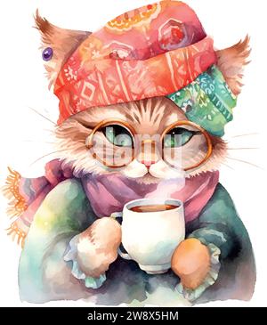 Katze im Turban mit einer Tasse Kaffee Aquarell auf weiß Stock Vektor