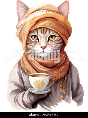 Katze im Turban mit einer Tasse Kaffee Aquarell auf weiß Stock Vektor