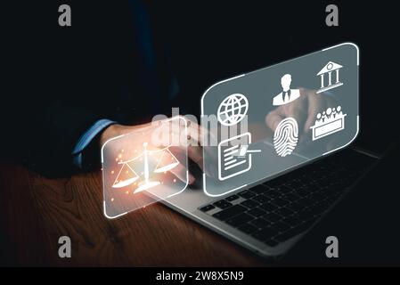 Rechtsanwalt und Geschäftsmann mit Jura-Innovation-Netzwerk-Ikonen. Rechtsberatung Rechtsanwalt bei Law. Konzept der Unternehmensfinanzierung. Stockfoto