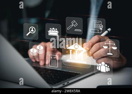 Rechtsanwalt und Geschäftsmann mit Jura-Innovation-Netzwerk-Ikonen. Rechtsberatung Rechtsanwalt bei Law. Konzept der Unternehmensfinanzierung. Stockfoto