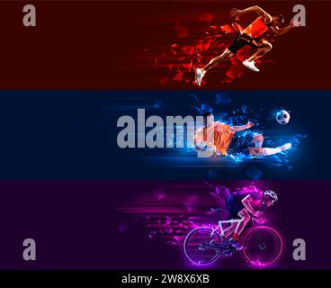 Set aus kreativen Fotos von professionellen Sportlern, die in Bewegung trainieren, Unschärfe vor farbenfrohem Hintergrund mit negativem Platz zum Einfügen von Text. Stockfoto