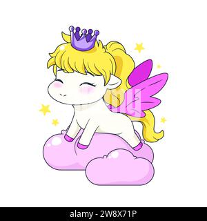 Isoliertes Cartoon-Pony mit Krone, die auf Wolken sitzt. Stock Vektor