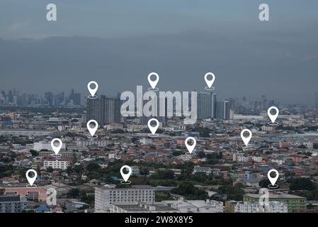 PIN-Standortdaten gps und City SENCE Business Digtial Network Connection Concept Stockfoto