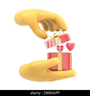 Geschenk des Liebeskonzeptes. Alles Gute zum Valentinstag. Mann, der in den Händen hält, öffnet die Geschenkbox mit rotem Herzen, Symbol Liebesbekenntnisse. Abbildung flach. Roma Stockfoto