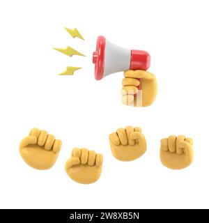 Zeichentrickhände von Dämonstranten und Hand mit Megaphon, Protestkonzept, Revolution, Konflikt, 3D-Illustration in flacher Konstruktion .3D-Rendering auf weißem Hintergrund Stockfoto