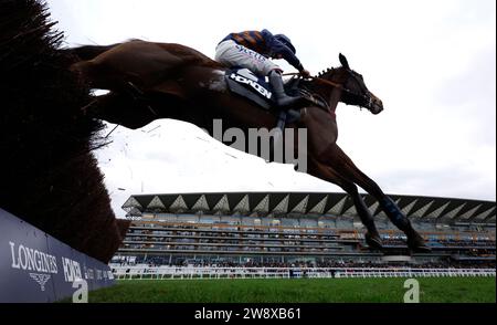 Djeo wurde von Charlie Deutsch während der Howden Noel Novices' Chase am ersten Tag des Howden Christmas Racing Weekend auf der Ascot Racecourse gefahren. Bilddatum: Freitag, 22. Dezember 2023. Stockfoto