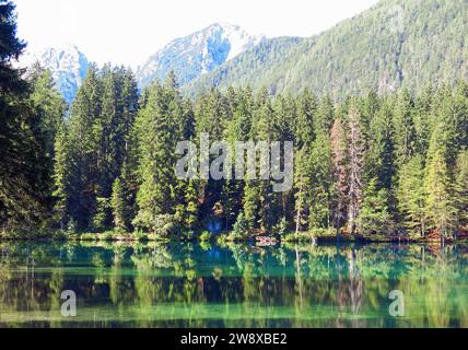 alpenlandschaft mit kristallklaren Wasserseen und der Reflexion der Bäume ohne Menschen Stockfoto