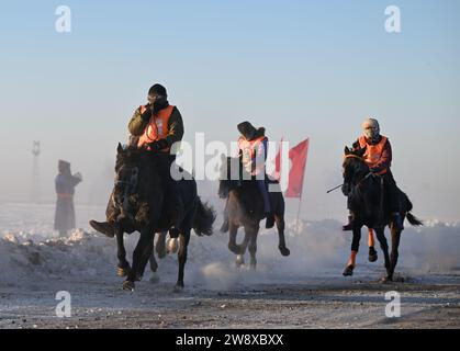 (231222) -- HULUN BUIR, 22. Dezember 2023 (Xinhua) -- Ijil (L) nimmt an einem Pferderennwettbewerb der Nadam-Messe in Hulun Buir, nordchinesischer autonomer Region Innere Mongolei, 17. Dezember 2023 Teil. Der Winter bedeutet normalerweise Herausforderungen für Hirten, die auf dem Grasland leben. Starke Kälte und Schnee beeinflussen immer ihr tägliches Leben. Aber für Erdendalai, einen Hirten, der in Hulun Buir lebt, ist der Winter immer noch eine arbeitsreiche Jahreszeit. Neben der Betreuung von mehr als 200 Rindern, Schafen und Pferden, die er besitzt, genießt Erdendalai auch eine wichtige Aktivität des Pferderennens. Pferde waren schon immer ein verlässliches Mittel Stockfoto