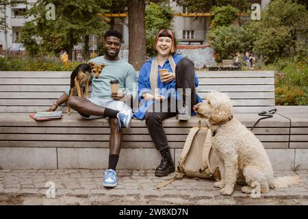 Glücklicher junger Mann und Frau, die Einwegkaffeetassen halten, während sie mit Hunden im Park sitzen Stockfoto