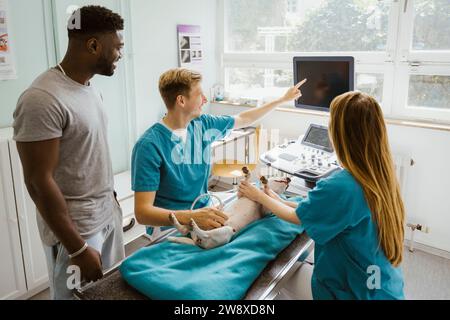 Männlicher Arzt, der Ultraschall des Hundes auf dem Computerbildschirm dem Besitzer in der medizinischen Klinik zeigt Stockfoto