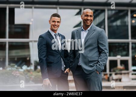 Porträt von lächelnden männlichen Geschäftsleuten, die einen Anzug tragen, während sie vor dem Gebäude stehen Stockfoto