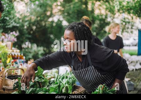 Weibliche Verkäuferin untersucht Gemüse am Stand auf dem Bio-Markt Stockfoto