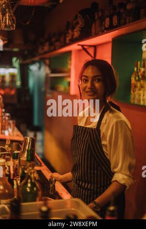 Porträt einer lächelnden Barkeeperin mit Schürze und stehend an der Bar Stockfoto