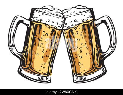 Zwei Bierbecher zum Toasten, Cheers. Klirrende Glasbehälter voller Bier und Schaumspritzer. Vektorillustration isoliert auf weißem Hintergrund. Stock Vektor