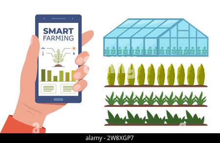 Intelligente Landwirtschaft, futuristische Technologien in der Agrarindustrie. Smartphone mit App zur Kontrolle von Pflanzen, Gewächshäusern, Beeten mit landwirtschaftlichen Nutzpflanzen. Vec Stock Vektor