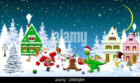 Weihnachtsmann, Drache, Schneemann und Hirsch in der Nacht von Weihnachten, vor dem Hintergrund von Häusern und Wald. Schneebedeckte Häuser und Bäume. Schnee. Stock Vektor