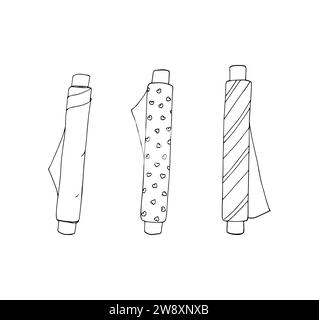 Handgezogener Satz von Stoffrollen. Nähen von Textilien und Bekleidungsproduktion. Gefaltete Stoffe im Stil der Linie Icons, Decke, Laken. Stoffrollen liegen drin Stock Vektor