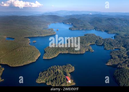 Wunderschönes Panorama von blauem Wasser und grünem Wald. Luftaufnahme am Damm Shiroka Poliana, Bulgarien. Stockfoto