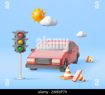 3D-Limousine mit Kegeln und Ampeln Stock Vektor