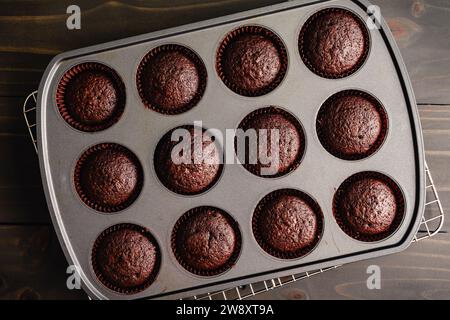 Frisch gebackene Schokoladen-Cupcakes Kühlung in der Pfanne: Blick von oben auf hausgemachte Schokoladen-Cupcakes, die in einer Antihaft-Muffin-Dose gekühlt werden Stockfoto