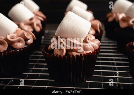 Cupcakes mit heißem Kakaogeschmack und Riesenmarshmallows: Schokoladen-Cupcakes mit Zuckerguss mit heißem Schokoladengeschmack und Marshmallow-Beilage Stockfoto