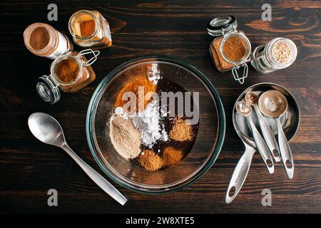 Hausgemachte Gewürzkaffee-Mischung: Gemahlener Kaffee mit Puderzucker, Zimt, Kardamom und anderen gemahlenen Gewürzen in einer Glasrührschüssel Stockfoto
