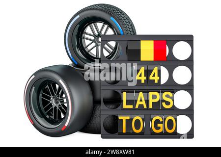 Belgisches Rennen, Boxenbrett mit belgischer Flagge und Rennräder mit verschiedenen Reifenmischungen. 3D-Rendering isoliert auf weißem Hintergrund Stockfoto