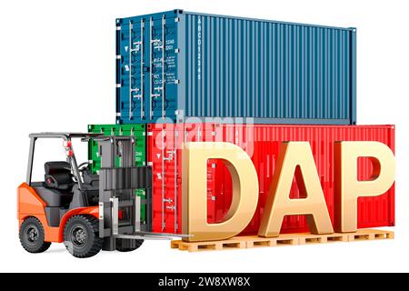 DAP-Konzept. Gabelstapler mit Frachtcontainern, 3D-Rendering isoliert auf weißem Hintergrund Stockfoto