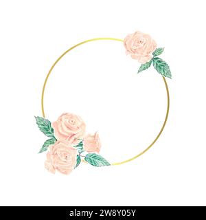 Runder goldener Rahmen mit pastellfarbenen Rosen, Aquarell. Vektor. Grußkarten, Hochzeitseinladungen, Banner, Flyer, Valentinstag, Feier, Geburtstag. Stock Vektor
