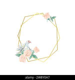 Goldener Rahmen mit Taube und Rosen, Aquarell. Vektor. Grußkarten, Hochzeitseinladungen, Banner, Flyer, Valentinstag, Feier, Geburtstag. Stock Vektor