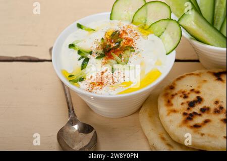 Arabischer Salatit laban wa kh'yar Khyar BI Laban Ziegenjoghurt und Gurkensalat, Lebensmittelfotografie Stockfoto