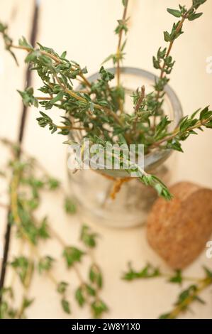 Frischer Thymian auf einem Glas über einem rustikalen Tisch aus weißem Holz, Lebensmittelfotografie, Lebensmittelfotografie Stockfoto