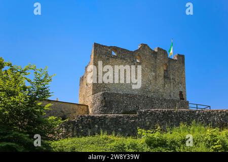 Schloss Derneck, mittelalterliche Burgruine, Mauerwerk, Stein, Flagge, blauer Himmel, Degeneck, Schildmauerburg in Sporenlage aus dem 14. Jahrhundert, Muenzdorf- Stockfoto