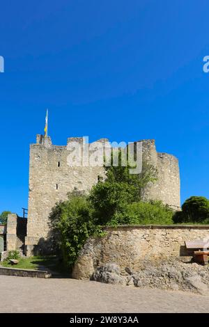 Schloss Derneck, mittelalterliche Burgruine, Mauerwerk, Stein, Flagge, blauer Himmel, Degeneck, Schildmauerburg in Sporenlage aus dem 14. Jahrhundert, Muenzdorf- Stockfoto