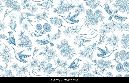 „Toile de Jouy“-Banner. Wilder Vogel und exotische Pflanzen. Nahtloses Muster. Östliche Landschaft. Lineare Blumen und Rosen. Handgezeichnete Skizze im Vintage-Stil. Stock Vektor