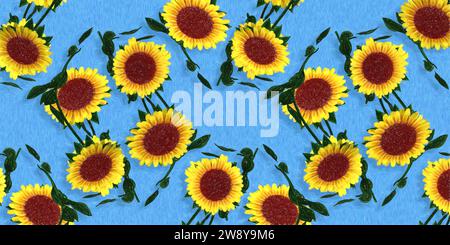 SONNENBLUMENHINTERGRUND AUF BLAUEM HINTERGRUND AQUARELLMALEREI Stockfoto
