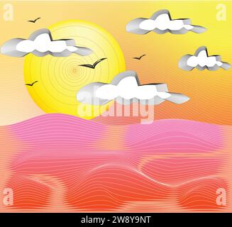 Hintergrund-Vektor-Illustration Dünen mit Sonnenuntergang auf Wolken am Himmel. Stock Vektor