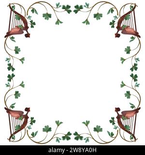 Gestell aus Kleebrügen mit Keltenharfen. Dekoration für St.. Patrick's Day. Isolierte Aquarellillustration auf weißem Hintergrund. Clipart Stockfoto