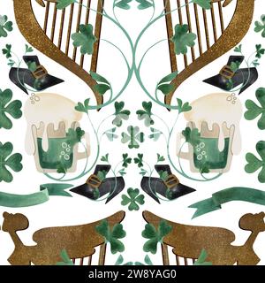 Nahtloses Muster mit Symbolen Irlands. Geschenkpapier für St.. Patrick's Day. Aquarell im Vintage-Stil auf weißem Hintergrund Stockfoto