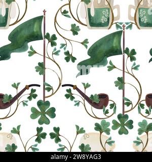Nahtloses Muster mit Symbolen Irlands. Geschenkpapier für St.. Patrick's Day. Aquarell im Vintage-Stil auf weißem Hintergrund Stockfoto