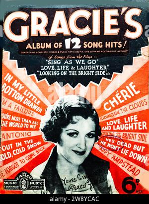 Cover von Vintage-Notenblättern mit Gracie Fields, mit Songtiteln aus ihren Filmen. Stockfoto