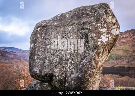 Bruce's Stein, Gedenkstein zu Robert the Bruce, König der Schotten, am Loch Trool, Galloway Forest Park, Schottland Stockfoto