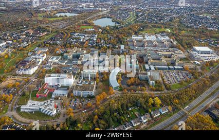 Aus der Vogelperspektive, Heinrich-Heine-Universität, hinter dem Südpark mit Deichsee und Uni-See, Wirtschaftsfakultät des halbkreisförmigen Gebäudes der HHU mit Teich, Stockfoto