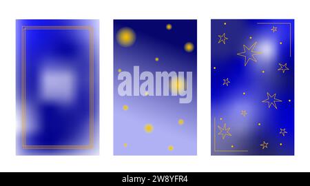 Y2K abstrakte holografische Farbverlauf Hintergrund Vorlagen setzen dunkelblaue Texturen mit Sternen, Rahmen, Kreise Vektor Illustration, einfaches unscharfes strukturiertes Layout, minimalistischer Stil für Web, soziale Medien Stock Vektor
