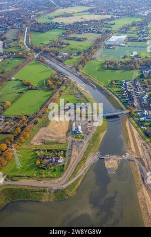 Luftaufnahme der Hochwassersituation an der neuen Emscher-Mündung in den Rhein, Hochwassermarke am 23.11. Ist etwa 30 cm niedriger als am Dienstag. Eppi Stockfoto