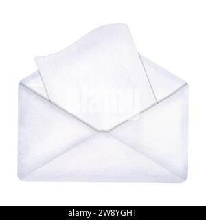 Öffnen Sie den weißen Umschlag mit dem leeren Buchstaben. Leer für Design. Vintage-Post. Realistische Kunst. Handgezeichnete Aquarellillustration isoliert auf weißem Hintergrund Stockfoto