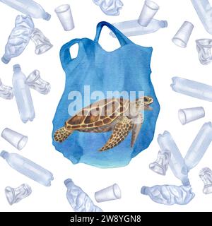 Die Meeresschildkröte hat sich in einer Plastiktüte verwickelt. Meeresverschmutzung. Toller Pacific Garbage Patch. Blaue transparente Einwegflaschen und -Becher. Handgezeichnet Stockfoto