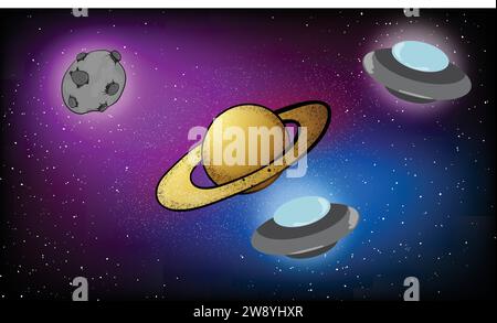 Hintergrundplanet saturn und außerirdisches Raumschiff Stock Vektor